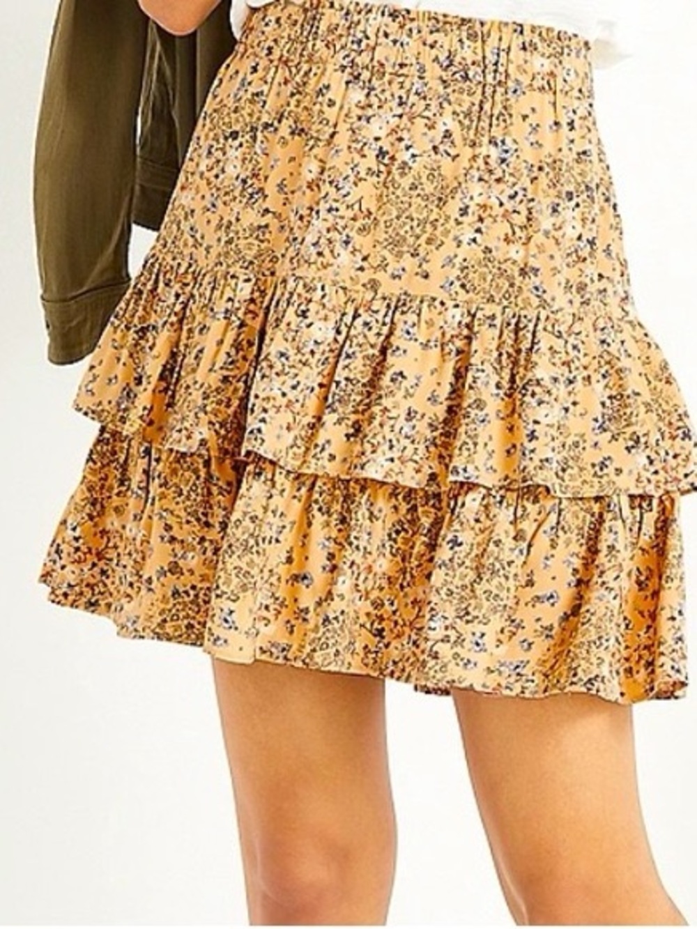 Yellow Floral Tiered Mini Skirt Ruffle Flowy Cottagecore Feminine Spring